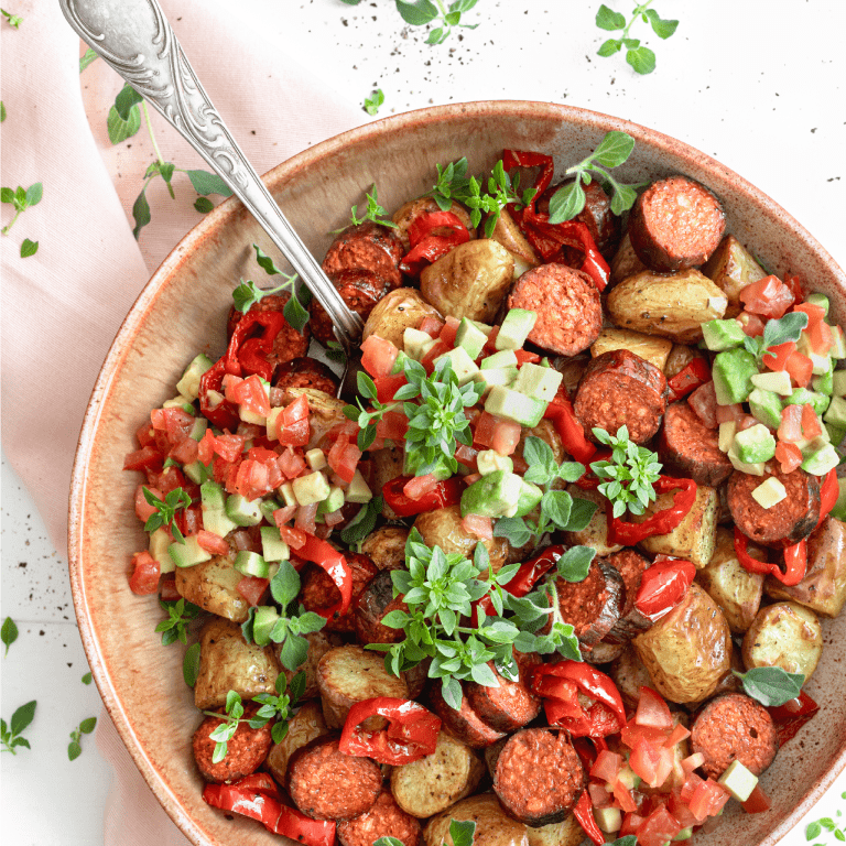 Sensational Chorizo Salad with Baby Potatoes and Avocado Sensational Chorizo Salad, Avocado, Grenailles and Grilled Pepper